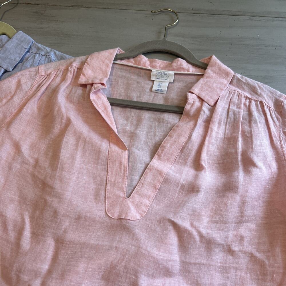 Sigrid Olsen Pink Blue 100% Linen 3/4 Sleeve Shirt Sz L Minimalist Lagenlook - Picture 5 of 9